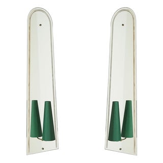 Large Italian Wall Mirrored Sconces with Dark Green Shades, 1950s, Set of 2 For Sale