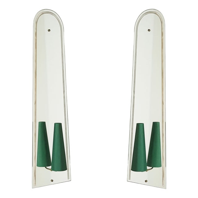 Large Italian Wall Mirrored Sconces with Dark Green Shades, 1950s, Set of 2 For Sale