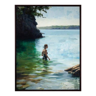 Contemporary Between Sea and Sky by Jon Doran | Oil on Panel Woman Wading Into a Cornish Cove For Sale