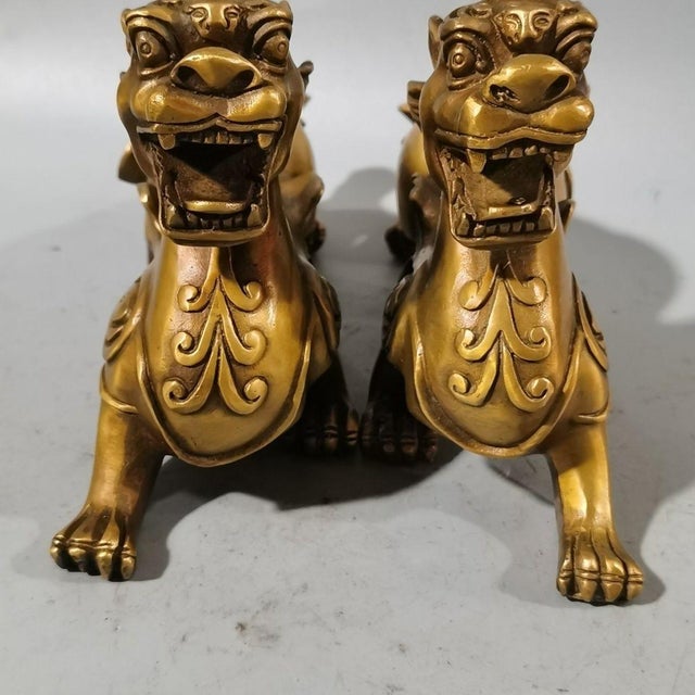 Chinese Pair of Vintage Brass Chinese Guardian Lions / Pixiu Statues For Sale - Image 3 of 9