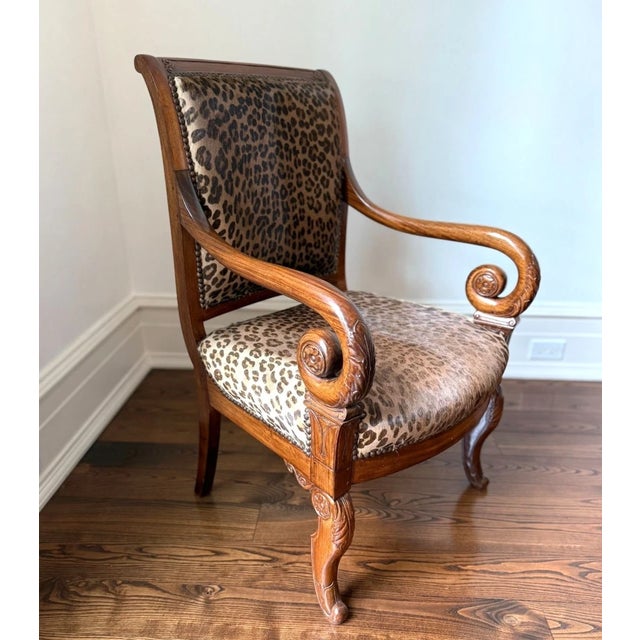Traditional Mid 20th Century Empire Style Leopard Print Animal Hide Carved Wood Arm Chair For Sale - Image 3 of 13