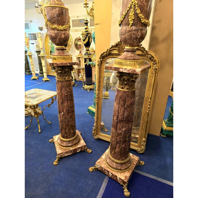 French Louis XVI-Style Porcelain Pedestal Centerpiece Set of 2 With Floral Gold Leaf Details & Gilded Bronze Accents For Sale - Image 3 of 11