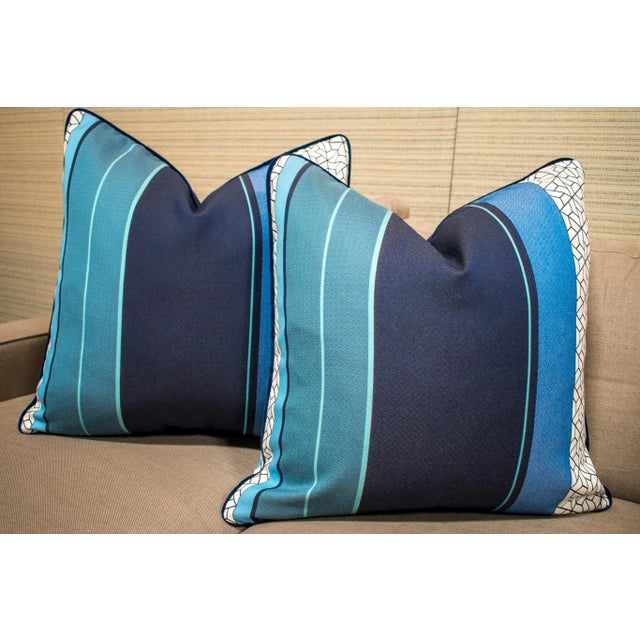 - Custom pair of designer pillows 23 x 23 in. -Striped navy blue and geometric black and white pattern, finished with navy...