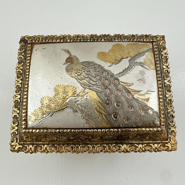 Vintage Japanese Chokin Jewelry Box, Peacock Trinket Box, Gilded Metal Keepsake Box, Made in Japan, Gold Tone Vanity Decor For Sale - Image 4 of 12