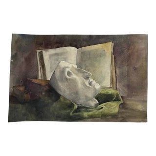 Antique French Still Life With Death Mask and Books (Watercolor on Paper) For Sale