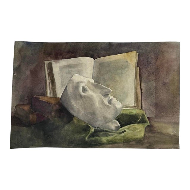 Antique French Still Life With Death Mask and Books (Watercolor on Paper) For Sale