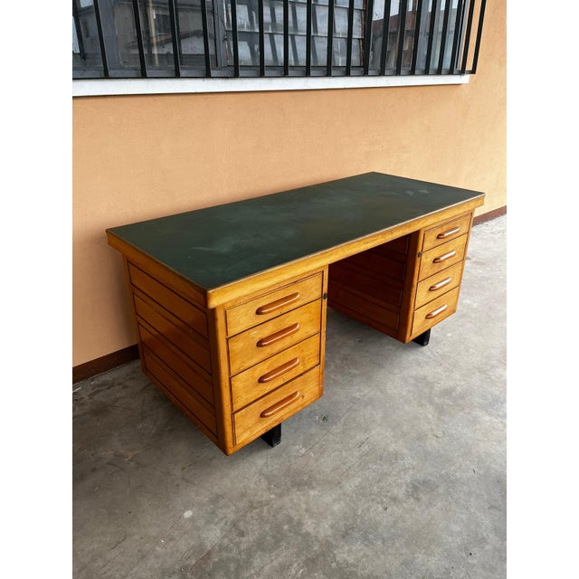 1950s Mid-Century Desk with Green Top and Eight Drawers by Anonima Castelli for Castelli, 1950s For Sale - Image 5 of 8