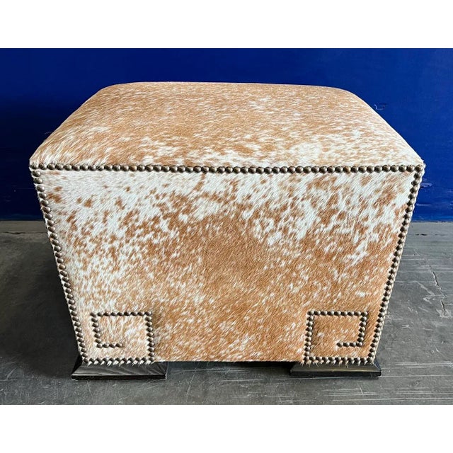 Holly Leather Speckled Upholstered Greek Key Ottoman From the Madeline Stuart Collection For Sale - Image 4 of 8