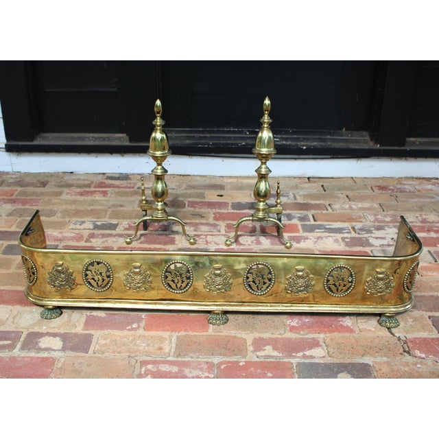 Set of 3, Vintage Handcrafted Ornate Brass Fireplace Fender With Brass Andirons For Sale - Image 4 of 10