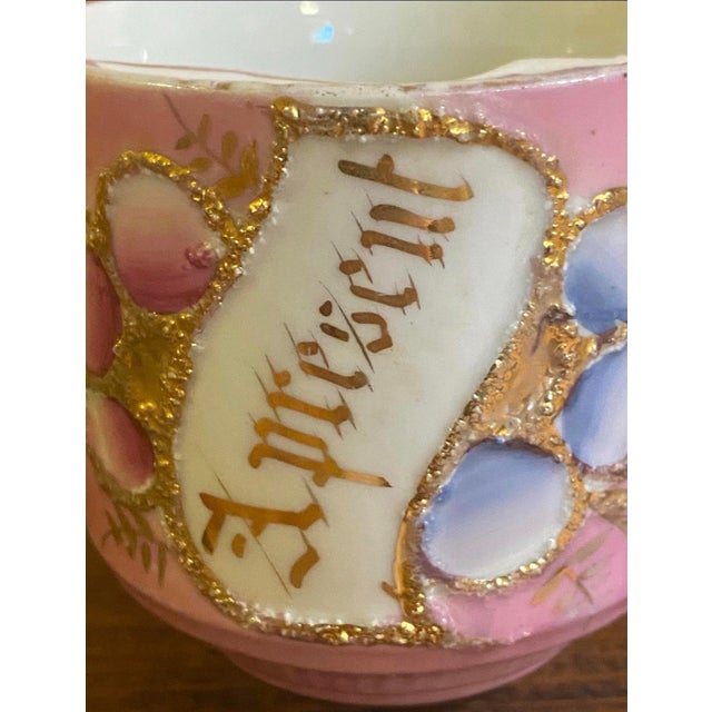 Victorian Antique 19th-Century German Pink Lusterware Mustache Cup | "A Present" Relievo Floral Gentleman's Shaving Mug | Victorian Maximalist Tea Cup For Sale - Image 3 of 5