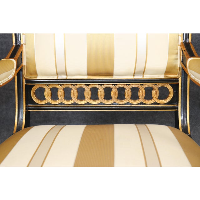Pair English Regency Thomas Hope Style Ebonized & Gilt Armchairs For Sale - Image 9 of 16