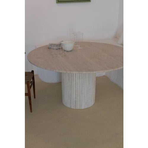 Round Top 140 Muted Beige Travertine Round Dining Table by Beije Avenue For Sale - Image 11 of 18