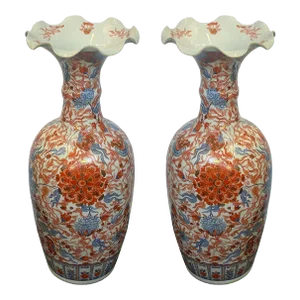 Pair of Large Porcelain Rippled Japanese Imari Vases, C. 1900's