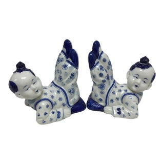 Antique Chinoiserie Chinese Porcelain Acrobats Bookends - a Pair For Sale