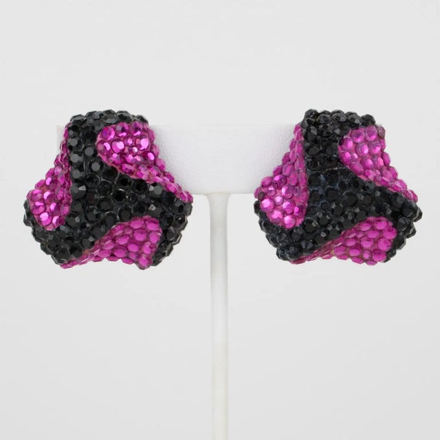 Contemporary Richard Kerr Jeweled Clip Earrings Black and Fuchsia For Sale - Image 3 of 9