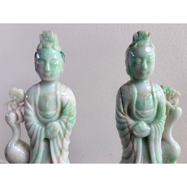 This is a beautiful pair of Antique Chinese Natural Jadeite Jade Goddess Kuan Yin Ladies posed with Crane birds. They are...