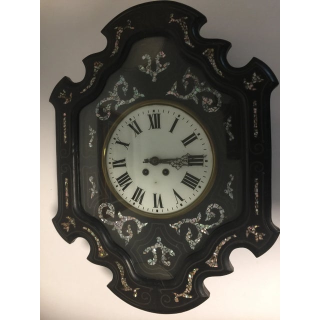 French Napoleon III Ebony and Mother of Pearl Inlay Wall Clock For Sale - Image 3 of 11