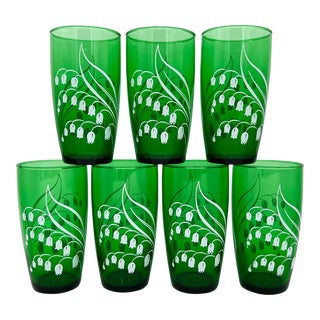 Mid Century Modern Anchor Hocking Forest Green Lily of the Valley Tumbler Glasses- Set of 7 For Sale