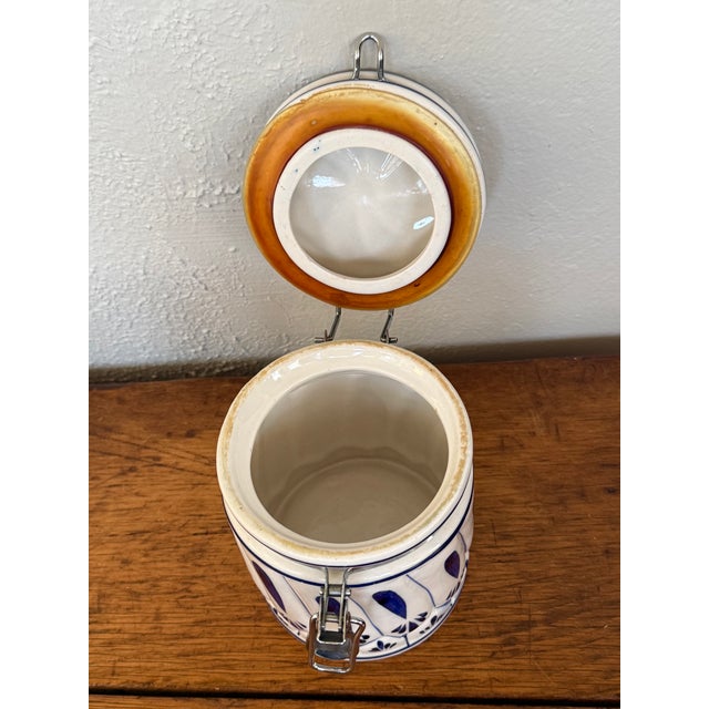 Metal Late 20th Century Hand Painted Blue and White Delft Style Canister With Latch Lid For Sale - Image 7 of 8
