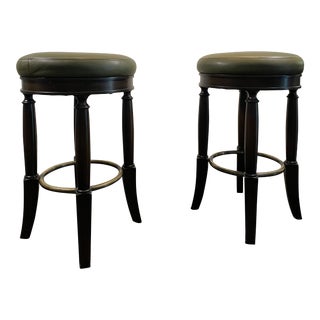 Green Leather Counter Stools - a Pair For Sale