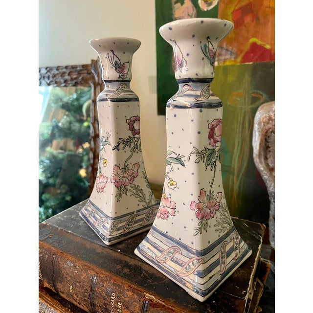 Ceramic Pair of Vintage Chinoiserie 1980s Ceramic Candlestick Holders For Sale - Image 7 of 9