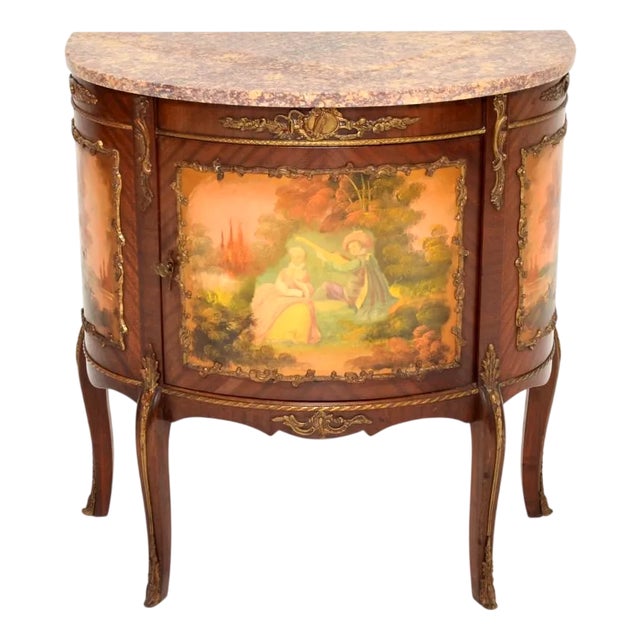 Antique French Marble Top Painted Cabinet, 1930s For Sale