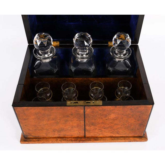 Blue Antique 19th Century Victorian Burr Walnut and Crystal 3-Decanter Tantalus Dry Bar, Set of 12 For Sale - Image 8 of 18