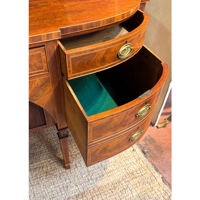 Traditional English Georgian Revival Mahogany & Satinwood Inlaid Tambour Sideboard, Late 19C For Sale - Image 3 of 12