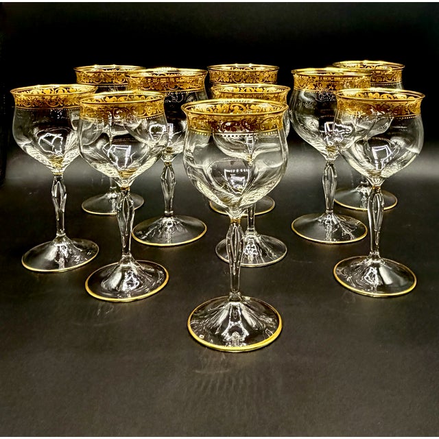 Glass French Belle Époque Hand-Blown and Hand-Gilded Glass Champagne Coupes, Wine, Port and Liqueur Glasses, 1900s, Set of 18 For Sale - Image 7 of 18