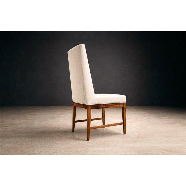 Mid-Century Modern Cimo, Brazil, 1950 — Set of 8 Tall-Back Dining Chairs in Caviúna With Warm Bone Performance Linen For Sale - Image 3 of 16