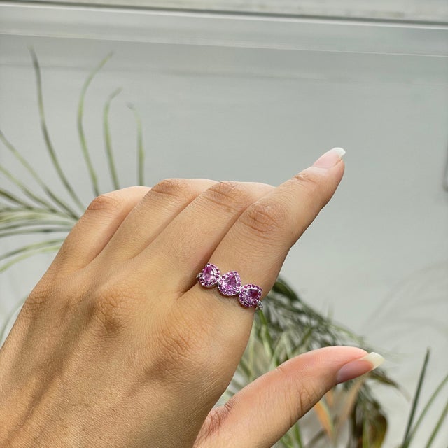 Pink Carat&Her Lotus Three Stone Pink Sapphire Halo Ring in Sterling Silver - Birthday Gift, Size 7 For Sale - Image 8 of 13