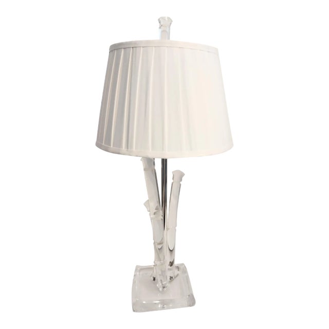 Vintage Charles Hollis Jones Style Lucite Organic Bamboo Design White Pleated Shade Table Lamp For Sale