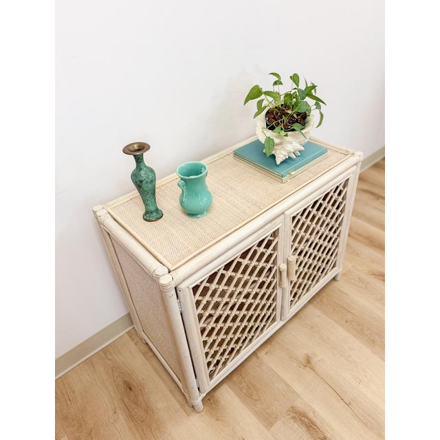 Vintage Cream Rattan Lattice Cabinet Coastal Tropical Hollywood Regency For Sale - Image 16 of 17