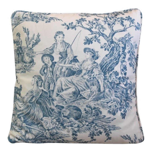 French Blue Countryside Pastoral Toile Feather/Down Double Sided Pillow For Sale