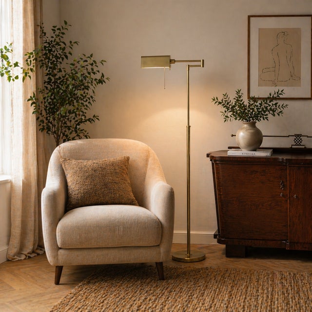 This elegant vintage floor lamp, crafted from solid brass, combines timeless design with functional sophistication. with...