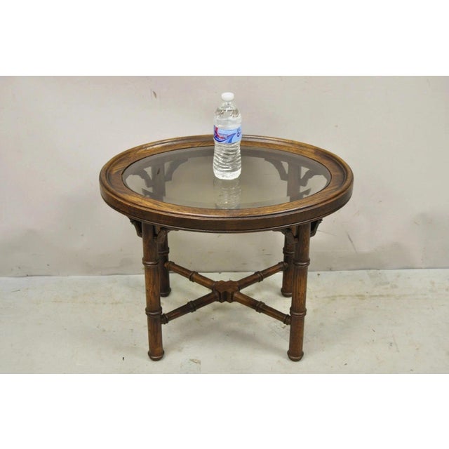 Vintage Chinese Chippendale Style Faux Bamboo Oval Small Glass Top Side End Tables - a Pair. Item features nice smaller...