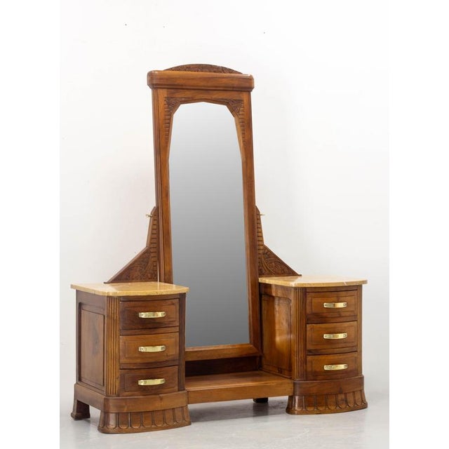 An elegant French Art Deco-era dressing table, crafted circa 1920 from solid walnut. It features a large, swiveling...
