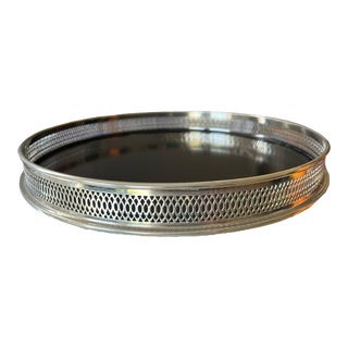 1950s Silver Plate Reticulated Gallery Round Tray With Black Interior Base For Sale