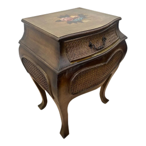 1990s French Bombe Nightstand Chest Hand Painted Roses Rattan Trim Felted Drawer