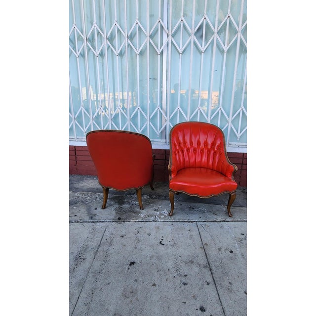 Textile Pair of Vintage Red Tufted Armchairs For Sale - Image 7 of 7