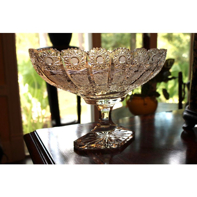 Transparent Vintage Bohemian Czech Cut Crystal Footed Centerpiece, Large Brilliant & Heavy For Sale - Image 8 of 11