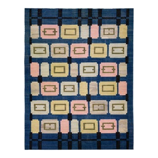 2020s Flatweave Kilim Wool Rug Mid-Century Modern Style in Blue For Sale