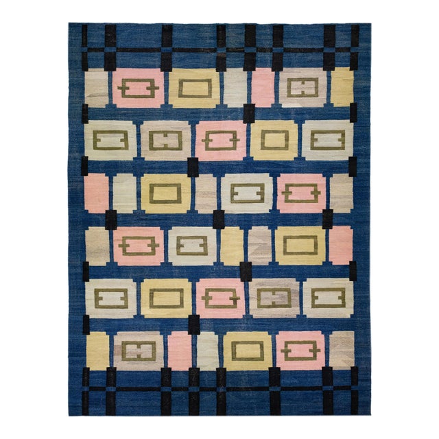 2020s Flatweave Kilim Wool Rug Mid-Century Modern Style in Blue For Sale