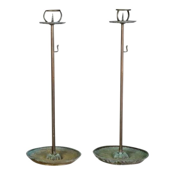 Japanese Bronze Metal Tall Candlesticks 19th Century Antique Vintage Tall For Sale