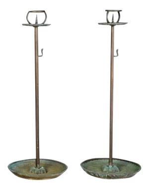 Japanese Bronze Metal Tall Candlesticks 19th Century Antique Vintage Tall