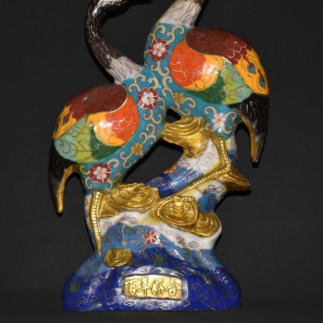 Traditional Cloisonne Enamel Crane Sculpture – 15" Pair of Red-Crowned Cranes on Rock Base For Sale - Image 3 of 9