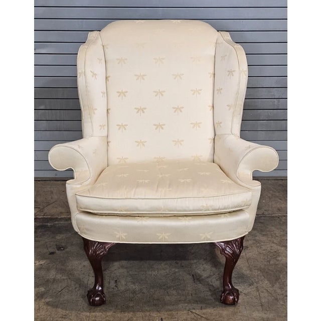 Store Item: Kindel Winterthur Collection Clawfoot Wing Chair Yellow Silk Dragonfly Fabric Description: Copied from a...