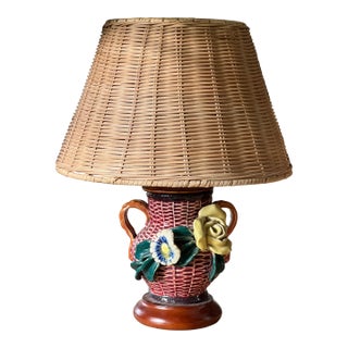 Vintage Barbotine Table Lamp With Wicker Shade For Sale