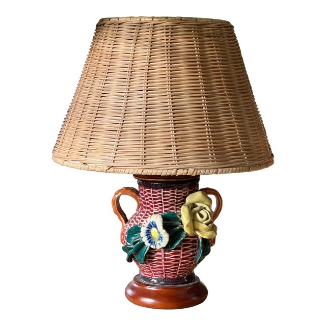 Vintage Barbotine Table Lamp With Wicker Shade For Sale
