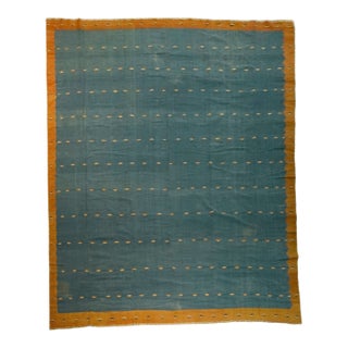 Vintage Dhurrie Rug in Teal Blue and Gold With Geometric Patterns | Rug & Kilim For Sale